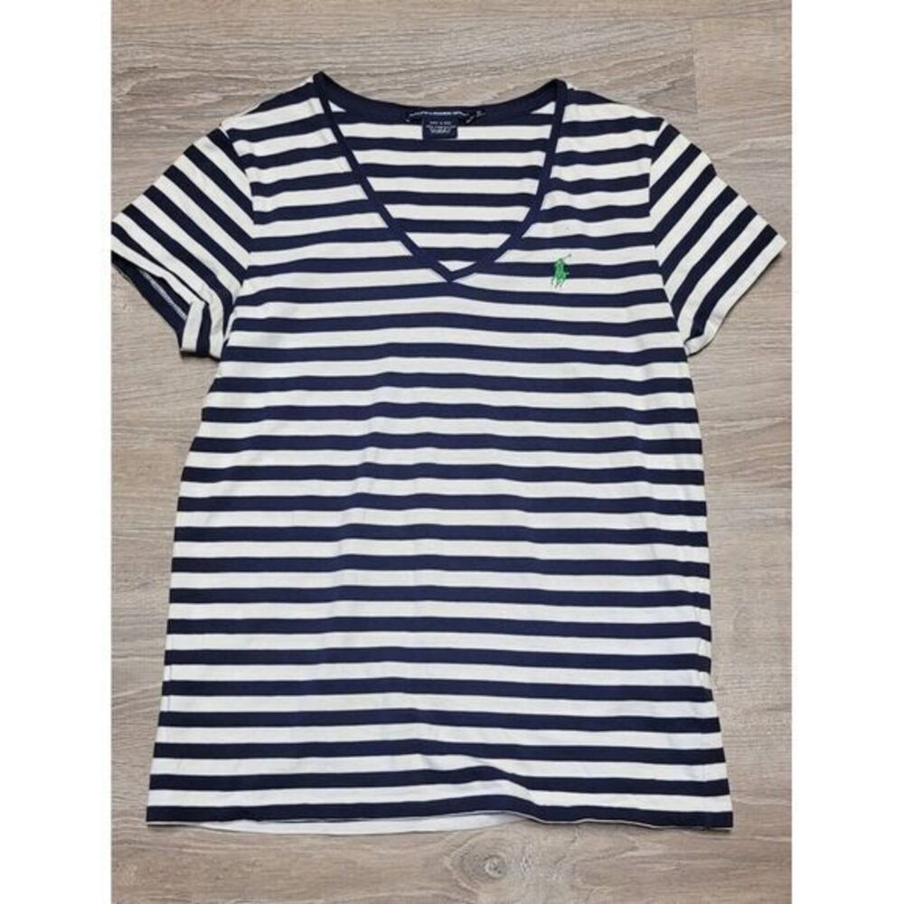 Ralph Lauren Sport Women's White & Navy Stripe Green Pony V-Neck Top Size Medium